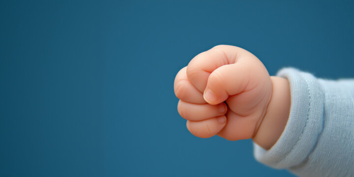Close-up of a baby's tiny clenched fist against a blue background, symbolizing innocence, strength, and growth