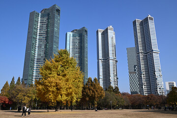Seoul Forest Park and surrounding apartment buildings in eastern Seoul, South Korea