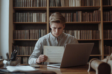 Young man focusing on papers while studying in a library during the day. Generative AI