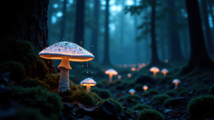 Fototapeta premium The image showcases a mystical forest scene at night, with glowing mushrooms emitting a magical aura.