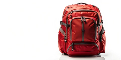 Fototapeta premium Vibrant Red Backpack Isolated on White Background for Travel and Adventure - Perfect for Stock Photography Needs and Marketing Campaigns