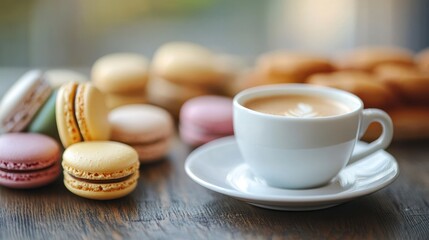 French cafe with a background of colorful macarons, and a cup of espresso 