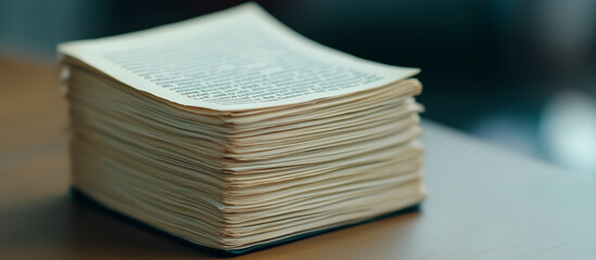 A stack of old, worn pages of a book with a blurred background, evoking a sense of history,...