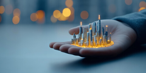 A futuristic illuminated cityscape rising from an open hand, symbolizing innovation, technology, and urban growth, set against a blurred background with glowing bokeh