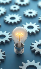 A glowing light bulb surrounded by metal gears, symbolizing innovation, creativity, and mechanical solutions, with a blurred blue background