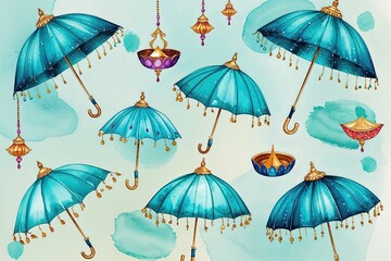 Turquoise Pastel Watercolor Umbrellas for Enchanting Diwali Celebrations