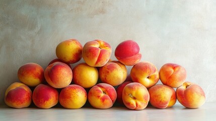 Fresh and Juicy Peaches Stacked on a Smooth Background, Showcasing Their Vibrant Colors and Natural Beauty, Ideal for Food and Health Promotion Use in Various Projects