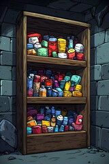 Wooden shelf filled with various containers in a dark room.