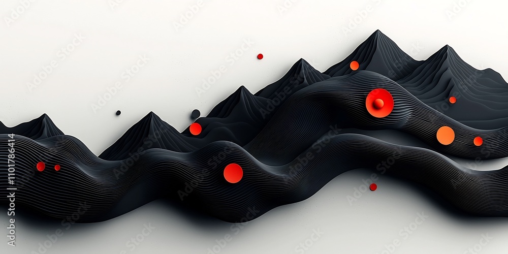 Poster captivating abstract landscape in shadowy black and somber gray tones with scattered circular red el