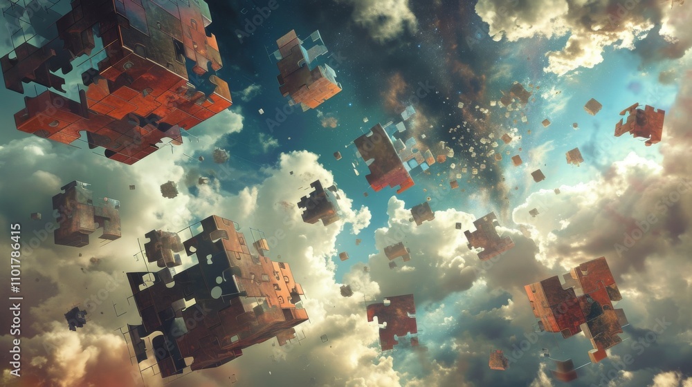 Poster this surreal image showcases floating digital cubes scattered across a cloudy sky, symbolizing virtu