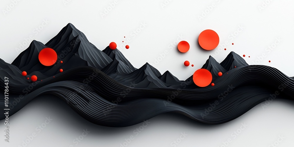 Poster transcendent shadowy abstract landscape with scattered circular red elements and flowing linear form