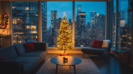 Modern living room with decorated Christmas tree