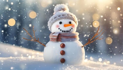 Winter Holiday Christmas Background Banner Featuring a Closeup of a Cute and Funny Laughing Snowman Adorned with Cozy Wool Accessories in a Festive, Cheerful, and Whimsical Snowy Setting