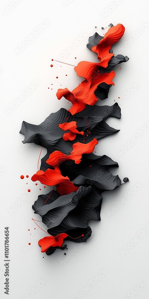 Poster enigmatic abstract landscape featuring a shadowy somber gray backdrop with vibrant red geometric sha