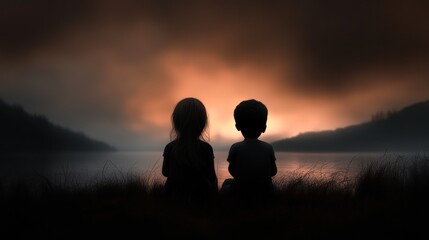 Two children sit peacefully by a lake, silhouetted against a glowing sunset, The tranquil scene evokes feelings of nostalgia and innocence, ideal for themes of childhood, friendship
