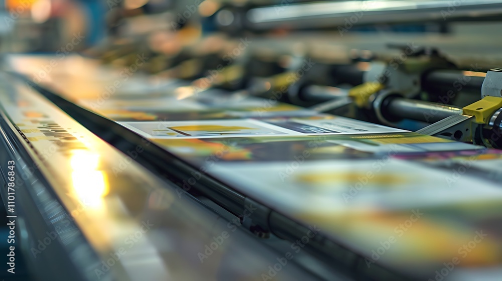 Poster a close-up view of a printing press in operation, showcasing printed materials moving along a convey