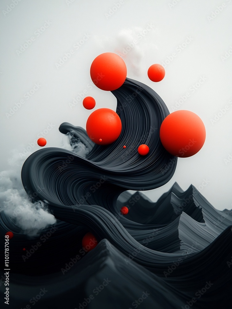 Poster surreal and conceptual 3d rendered digital art depicting an otherworldly abstract landscape with sha