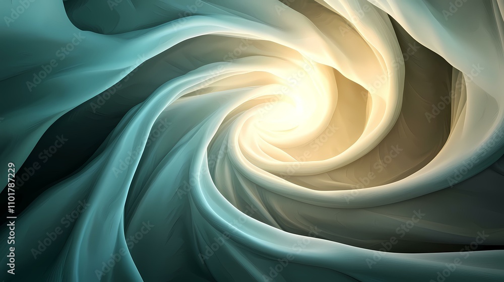 Poster the image shows an abstract swirl of teal and beige fabric, creating a vortex effect with a bright l