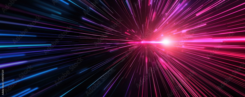 Poster a vibrant display of light trails converging towards a bright center, creating a sense of motion and
