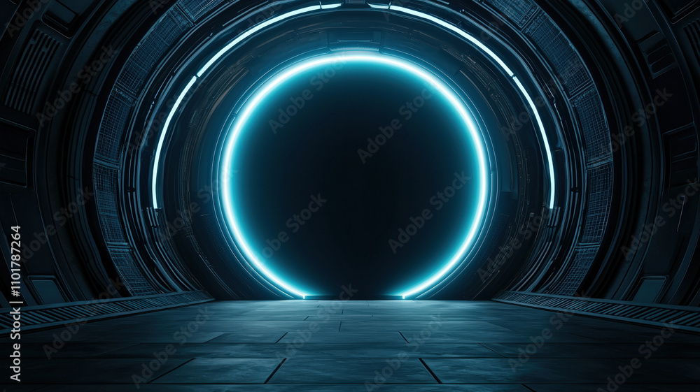 Poster a mysterious, illuminated circular portal set in a dark, futuristic environment, suggesting explorat