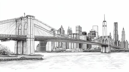 Brooklyn Bridge and New York City Skyline Drawing