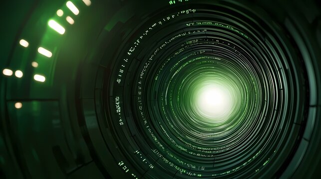 The image shows a swirling, futuristic tunnel with dark green metallic rings and bright green data streams spiraling towards a bright white light at the end.