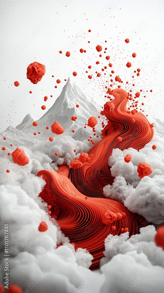 Poster mesmerizing crimson waves cascading across a surreal 3d mountainous landscape visually striking abst