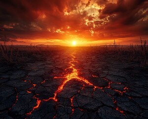 Cracked Earth Revealing Molten Lava Beneath Fiery Red Apocalyptic Sunset Landscape