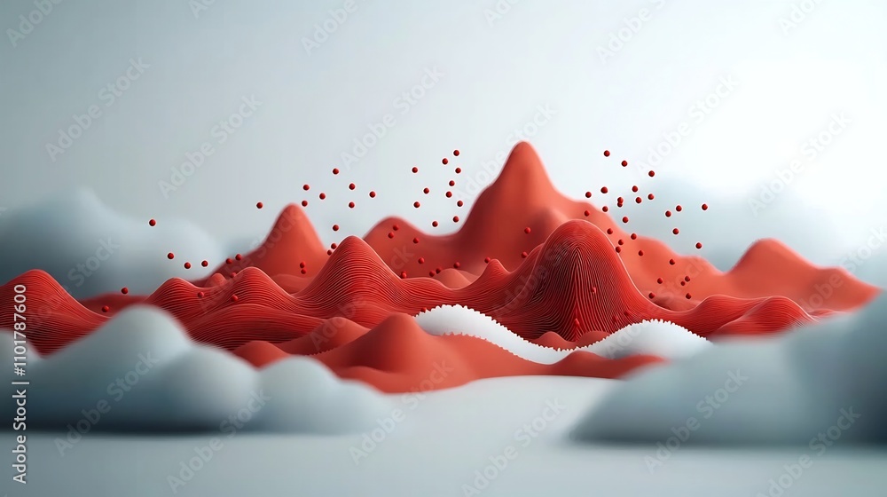 Poster moody and captivating abstract 3d landscape featuring a wave like formation of red dots and lines ac