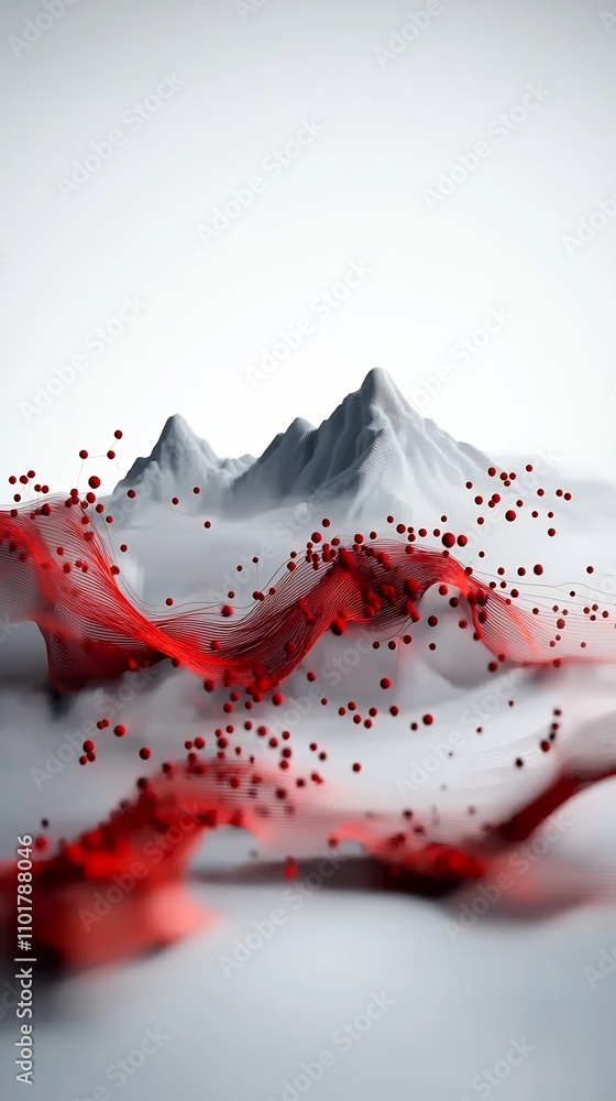 Poster mesmerizing flowing abstract landscape with striking wave like formation of red dots and lines compo