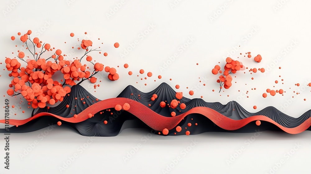 Poster mesmerizing moody abstract landscape featuring a captivating wave like pattern of vibrant red dots a