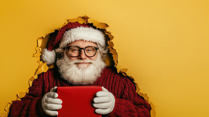 Man Santa Claus red box, yellow paper background. Christmas shopping, sale, discount, banner, poster