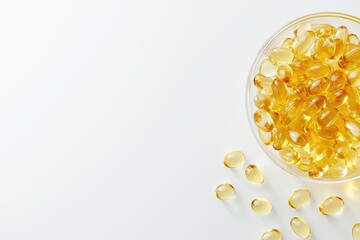 Top view of yellow fish oil softgels in a glass bowl on a white background, with copy space