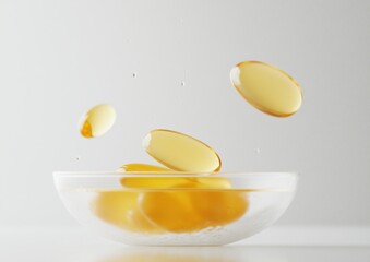 Top view of yellow fish oil softgels in a glass bowl on a white background, with copy space