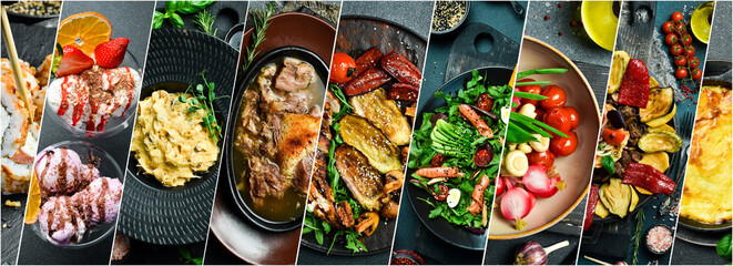 Food collage. Background of food and dishes of European cuisine. on a dark stone background.