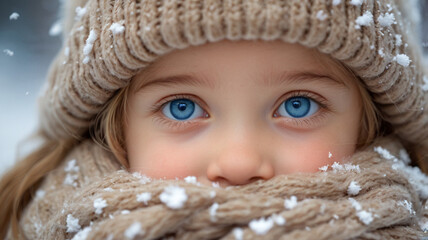 Portrait of cute little girl in woolen hat and wrapped in woolen scarf outside on the cold snowy winter day