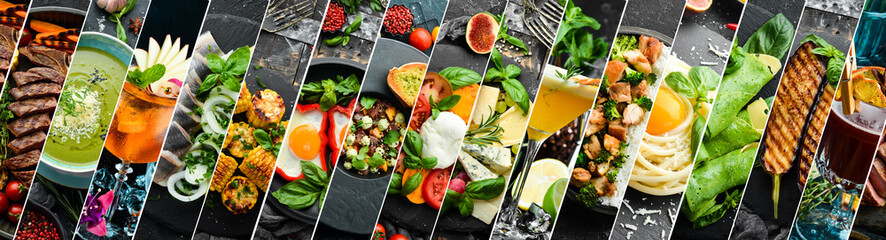 Food collage. Set of food drinks and dishes in plates. Wide horizontal banner.