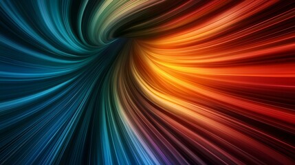 Fototapeta premium The image contains a swirling vortex of vibrant, multicolored lines. The colors transition smoothly from deep blues and greens at one end to warm oranges and reds at the other, creating a dynamic an
