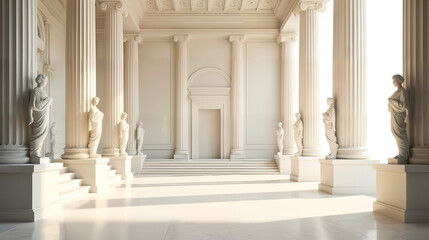 Elegant White Hall with Sculptures and Sunlight
