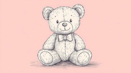 Fototapeta premium Teddy bear with a bowtie on a soft pink background, symbolizing comfort and companionship in early childhood. clean line drawing.