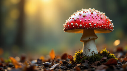 A vibrant red mushroom with white speckled patterns on its cap and stem, set against a blurred forest background.