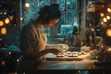 Young Woman Baking Christmas Cookies in Festive Kitchen with Holiday Lights