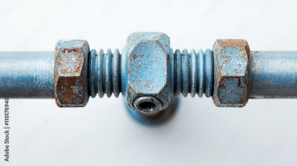 Poster Close-up of a rusty blue pipe joint with nuts and threading.