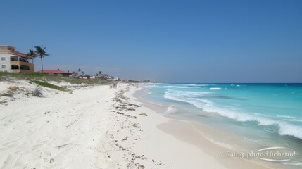 Fototapeta premium Serene beach scene with soft white sand, gentle waves, and palm trees under clear blue sky