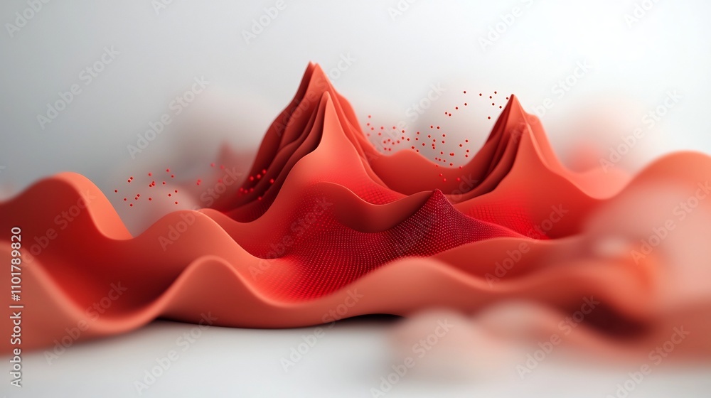 Poster captivating moody abstract 3d mountainous landscape with dynamic flow of vibrant red dots and lines 
