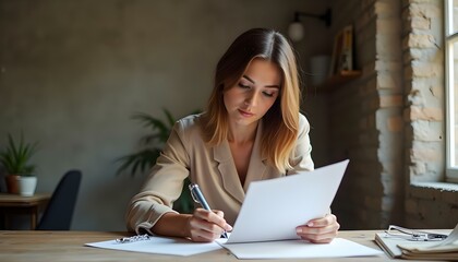 Mujer emprendedora firmando un papel en negocio familiar