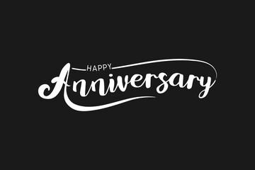 Happy anniversary calligraphy hand lettering isolated on black background. Hand drawn lettering design for birthday, wedding, anniversary celebration, poster, invitation or greeting card.