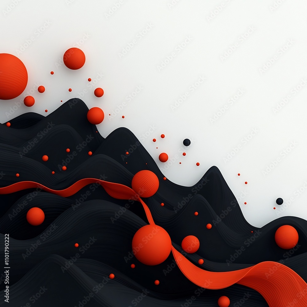 Poster enigmatic black expanse with kinetic red spheres and ribbons generating a mesmerizing abstract mount