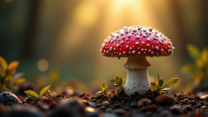 Mushroom growing out of soil with a bright sunburst background.