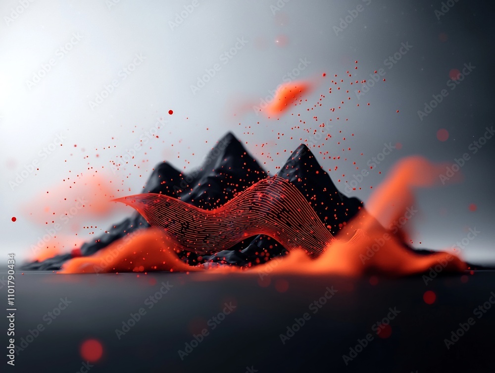 Poster striking 3d abstract digital art visualization depicting a dynamic wave like mountainous landscape c